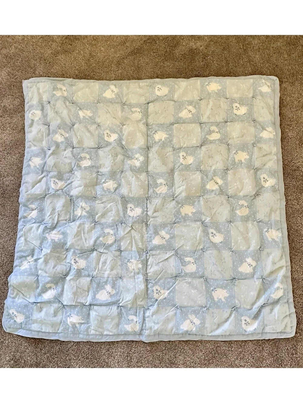 Vintage Baby Quilt Top Blanket Animals 34x41” Blue White Nursery New Mom Gift